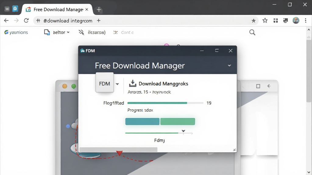 一张展示 Free Download Manager 与浏览器集成的图片,主体是浏览器窗口和FDM弹窗的交互场景,布局为左右分屏,排版直观,风格为现代办公风格,细节包含下载按钮和进度提示,画质清晰,干净,无多余元素