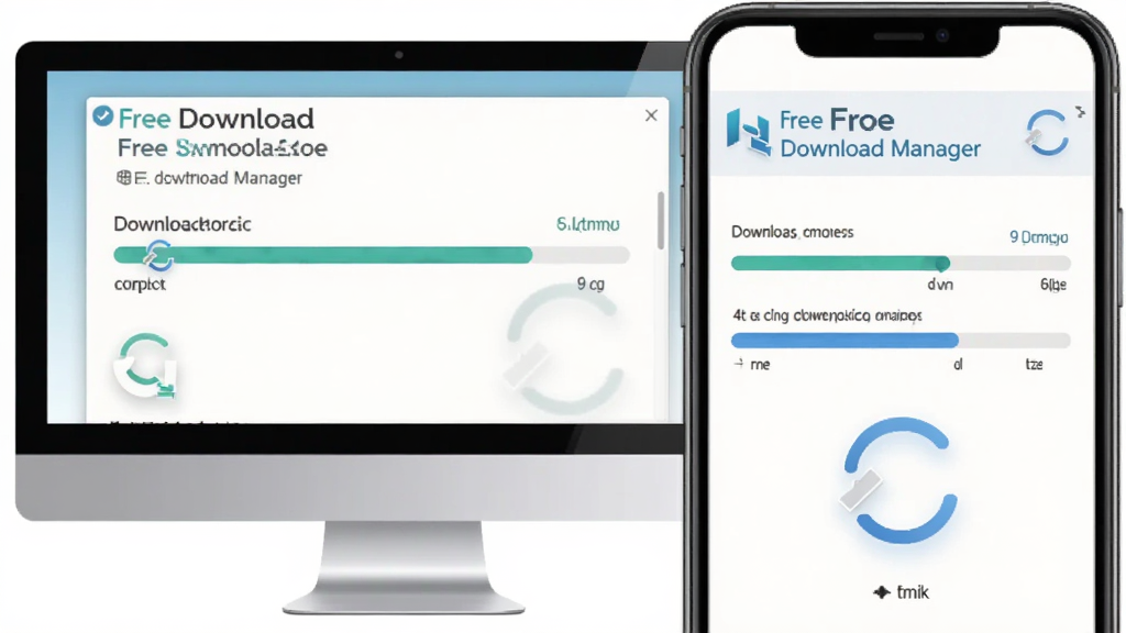 一张展示 Free Download Manager 在电脑和手机上同步下载的图片,主体是电脑屏幕和手机屏幕并排显示下载进度,布局为左右对比,排版干净,风格为现代数码风格,细节包含进度条和同步图标,画质高清,干净,无多余元素
