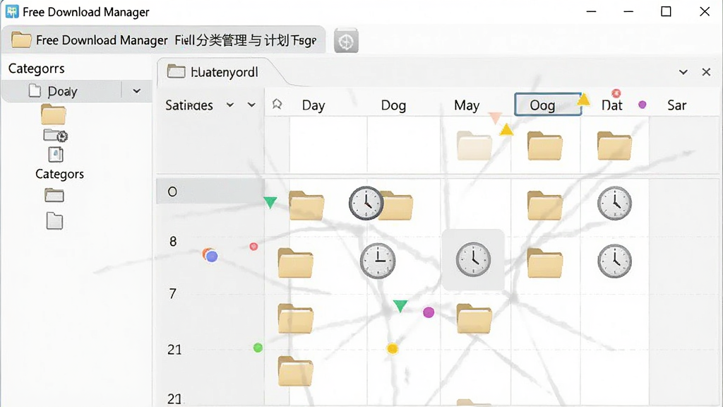 一张展示 Free Download Manager 文件分类管理与计划任务的图片,主体是软件界面中的分类标签和日程表,布局为上下结构,排版有序,风格为简约商务风,细节包含文件夹图标和时钟标志,画质高清,干净,无多余元素