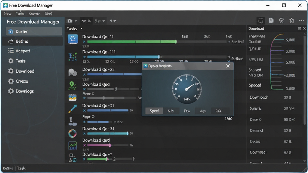一张展示 Free Download Manager 软件主界面的图片,主体是电脑屏幕上的下载管理窗口,布局为左侧导航栏和右侧下载任务列表,排版整齐清晰,风格为现代科技感,细节包含多线程下载进度条、速度图表和悬浮窗,画质高清,干净,无多余元素