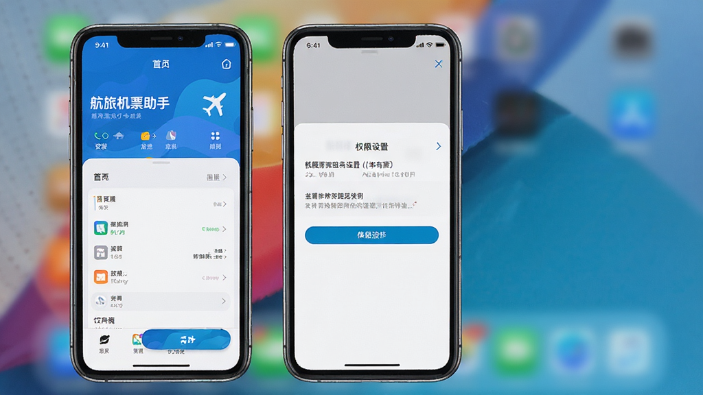 航旅机票助手在手机上的使用操作截图,展示安装完成后的首页界面和权限设置页面,背景为手机桌面,风格简洁明快,画质高清,干净无多余元素