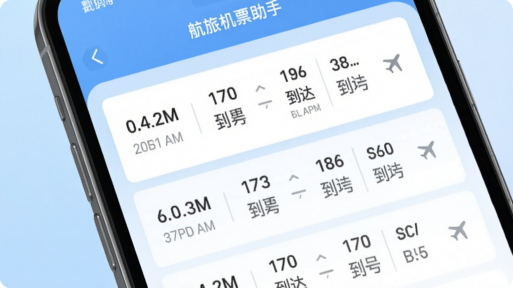 航旅机票助手软件界面展示航班实时查询功能,手机屏幕中显示多条航班列表,包含起飞时间、到达时间和航班号,背景为淡蓝色渐变,风格清爽简约,画质高清,干净无多余元素