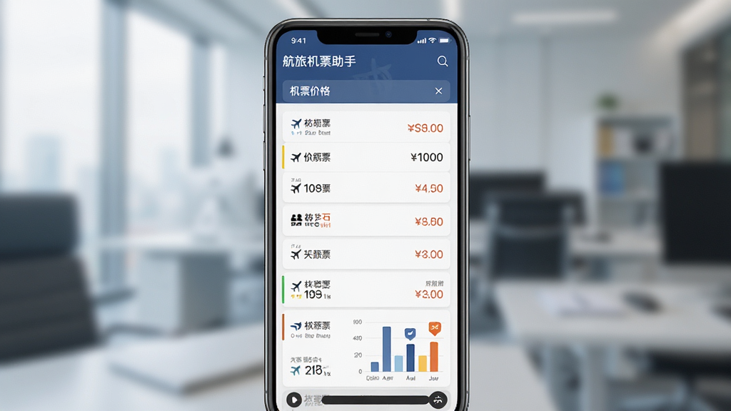 航旅机票助手软件中机票价格比对界面,手机屏幕显示多个平台的价格列表和对比图表,布局整齐,风格商务简约,画质高清,干净无多余元素
