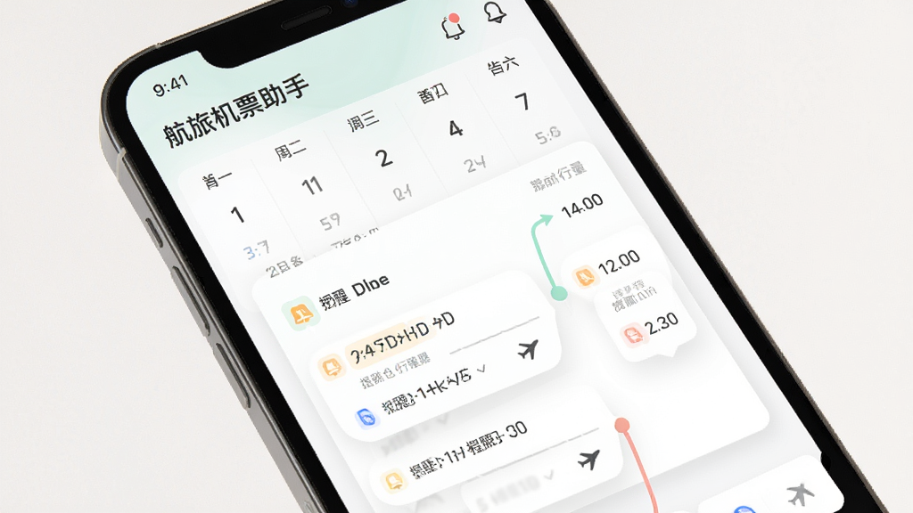 航旅机票助手行程管理页面,手机屏幕显示日历和航班行程卡片,包含提醒图标和行程时间线,风格柔和清新,画质高清,干净无多余元素