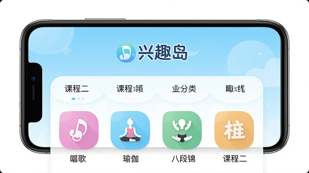 兴趣岛APP主界面展示,手机屏幕中央显示“兴趣岛”Logo与课程分类导航栏,背景为浅蓝色渐变,页面布局清晰,风格清新简约,细节包含唱歌、瑜伽、八段锦等课程图标,画质高清,干净,无多余元素