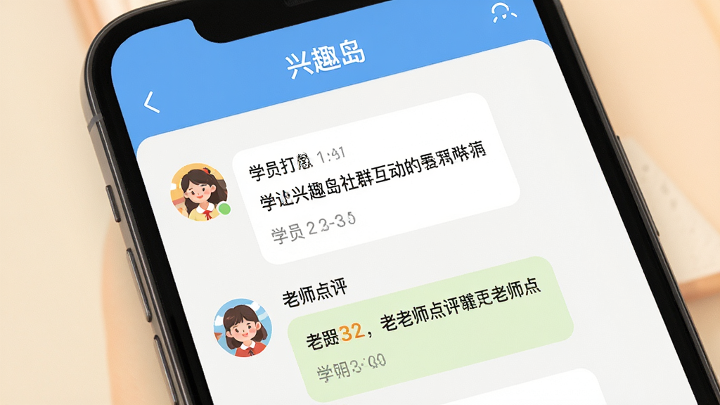 兴趣岛社群互动界面展示,手机屏幕中显示“兴趣岛”学习群聊窗口,包含学员打卡消息与老师点评内容,布局为聊天列表样式,风格温馨友好,细节包含头像与时间戳,画质高清,干净,无多余元素
