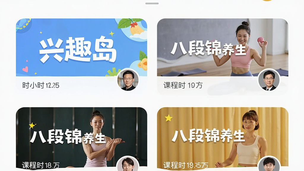 兴趣岛课程列表页面展示,手机屏幕中呈现“兴趣岛”唱歌课程、瑜伽训练营、八段锦养生等多个课程封面卡片,布局为两列网格排列,风格明亮活泼,细节包含课程时长与讲师头像,画质清晰,干净,无多余元素