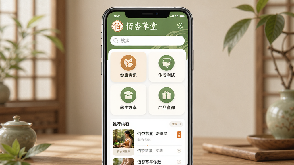 佰杏草堂手机应用主界面预览图,主体是一部竖屏智能手机,屏幕内展示佰杏草堂APP首页,布局上方为品牌Logo和搜索框,中部为功能图标网格包含健康资讯、体质测试、养生方案、产品查询,下方为推荐内容列表,排版整洁清晰,风格为现代简约中式健康风,细节上采用暖色调与草本绿色点缀,图标圆润,画质高清干净,无多余元素,画面中文字“佰杏草堂”