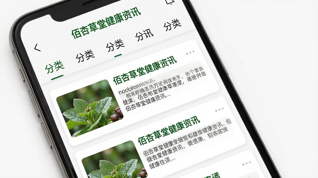 佰杏草堂健康资讯阅读界面预览图,主体为手机屏幕显示文章列表,布局顶部为分类标签栏,中部为图文混排的资讯卡片,每张卡片包含标题、摘要和缩略图,排版清爽易读,风格为资讯阅读类应用典型设计,细节上采用白色背景与绿色标题点缀,画质高清干净,无多余元素,画面中文字“佰杏草堂健康资讯”