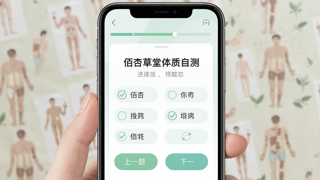 佰杏草堂体质自测功能界面预览图,主体为手机屏幕显示问卷答题页面,布局上方为进度条,中部为题目文字和选项按钮,下方为上一题下一题操作按钮,排版简洁明了,风格为健康测试类应用界面,细节上采用浅色背景与圆角按钮,画质高清干净,无多余元素,画面中文字“佰杏草堂体质自测”