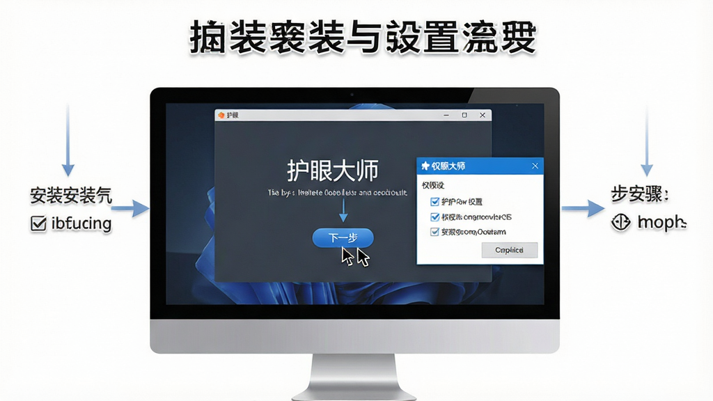 一张护眼大师安装与设置流程的步骤示意图。画面主体为电脑屏幕显示安装向导界面,界面中标注