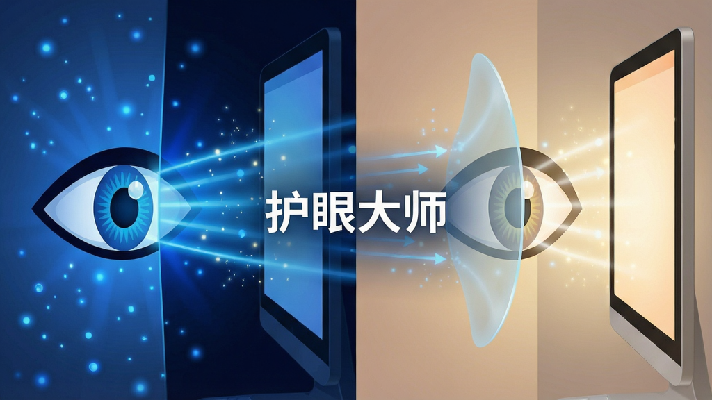 一张展示护眼大师蓝光过滤功能的示意图。画面主体为一只眼睛与屏幕之间的光线示意,蓝色光线被一层半透明滤镜阻挡。布局为左右对比式,左侧为未开启过滤的刺眼蓝光,右侧为开启护眼大师后的柔和暖光。排版简洁,画面中央标注