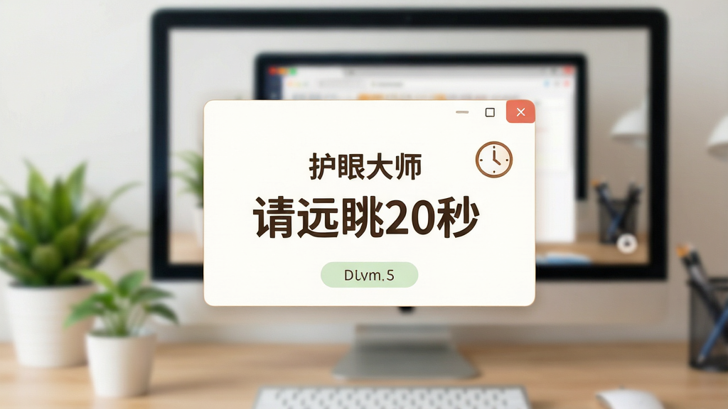一张护眼大师定时休息提醒功能的界面展示图。画面主体为电脑屏幕中央弹出的休息提醒窗口,窗口内显示
