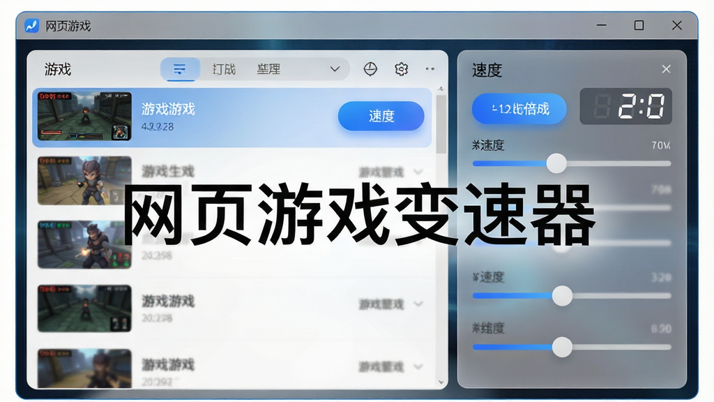 一张展示网页游戏变速器软件界面的预览图,主体为软件主窗口位于画面中央,布局上左侧为游戏列表区域右侧为速度调节滑块面板,排版清晰有序,风格为现代科技感UI设计,细节包括半透明磨砂玻璃效果、蓝色渐变按钮、速度倍率数字显示,画质高清干净无多余元素,画面中带有文字