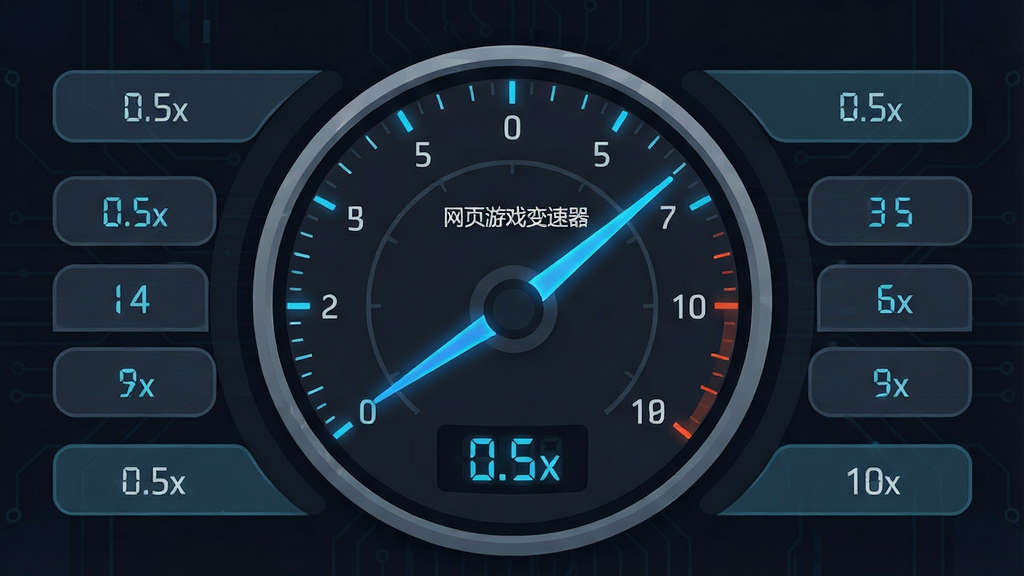 一张展示网页游戏变速器速度调节功能的AI生图,主体为软件速度控制面板特写,布局上中央为大型圆形速度表盘周围环绕多个预设倍率按钮,排版采用对称式设计,风格为扁平化科技风格,细节包括数字显示0.5x至10x的刻度标记、蓝色发光指针、深色背景,画质高清干净无多余元素,画面中带有文字