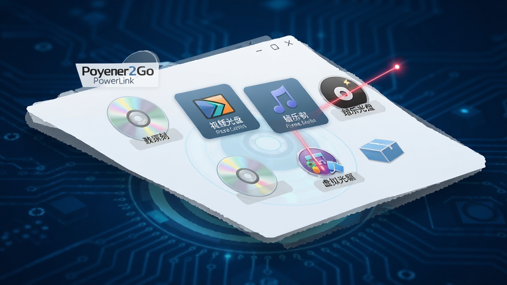 一张展示 CyberLink Power2Go 软件主界面的概念图。主体为悬浮在深蓝色科技感背景中的软件操作窗口,窗口内清晰排列着数据刻录、视频光盘制作、音乐光盘制作、虚拟光驱等功能模块图标。布局采用居中对角线透视,风格为现代扁平化科技风。细节上带有光盘与激光射线元素点缀,排版简洁大气。画质高清,画面干净,无多余元素。