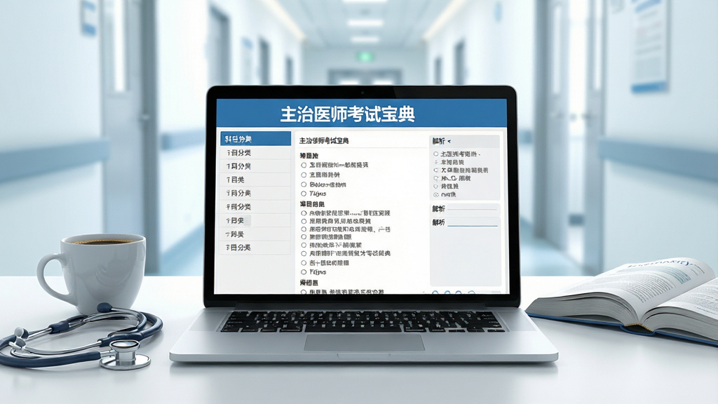 一张干净明亮的医生办公室桌面场景,画面中央摆放着一台打开的笔记本电脑,屏幕上显示着