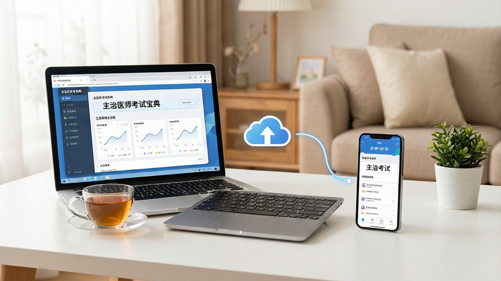 一个现代简约风格的居家书桌场景,桌面上同时摆放着一台笔记本电脑和一部智能手机,电脑屏幕显示