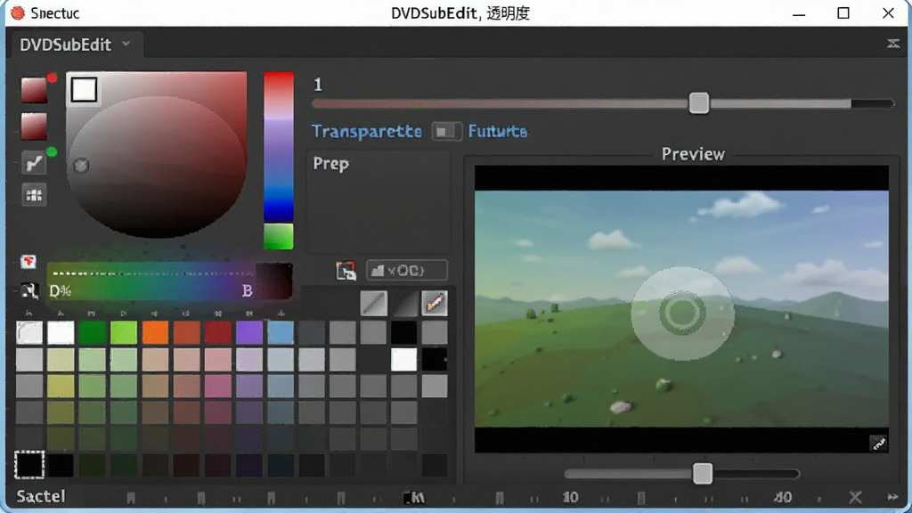 DVDSubEdit ��Ļ��ɫ��͸���ȵ�����壬����Ϊ������ɫ���棬���ְ�����ɫʰȡ����͸���Ȼ��顢Ԥ�����ڣ��Ű�ֱ�ۣ����Ϊͼ�α༭���߷��ϸ�ڰ���ɫ�������ʵʱԤ��Ч�������������ɾ����޶���Ԫ��