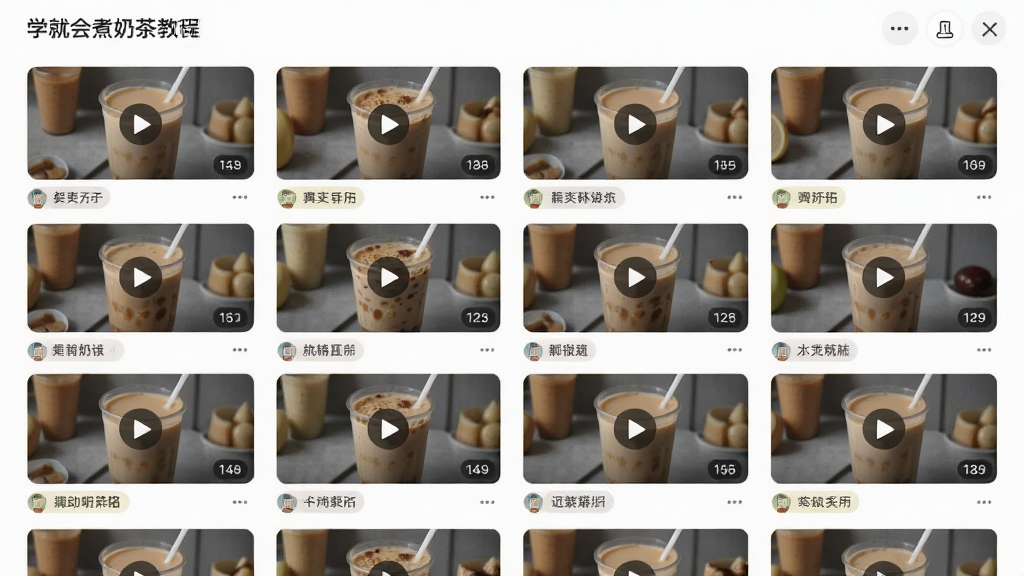一学就会煮奶茶软件内视频教程列表界面,主体为多行视频缩略图与标题,布局为网格排列,排版整齐,风格为清爽浅色系,细节包含奶茶图片、播放按钮、分类标签,画质高清、干净、无多余元素
