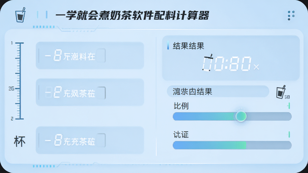 一学就会煮奶茶软件配料计算器界面,主体为数字输入框与结果展示,布局为左右分栏,排版简洁,风格为科技感浅蓝,细节包含刻度、杯量图标、比例条,画质高清、干净、无多余元素
