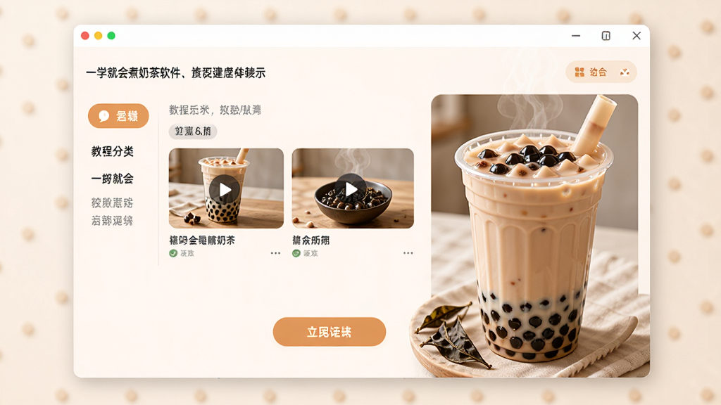 一学就会煮奶茶软件主界面展示,主体为软件窗口与一杯热腾腾的珍珠奶茶,布局为居中构图,排版清晰展示教程分类与视频缩略图,风格为现代简约温馨风,细节包含奶茶杯、珍珠、茶叶、操作按钮,画质高清、干净、无多余元素