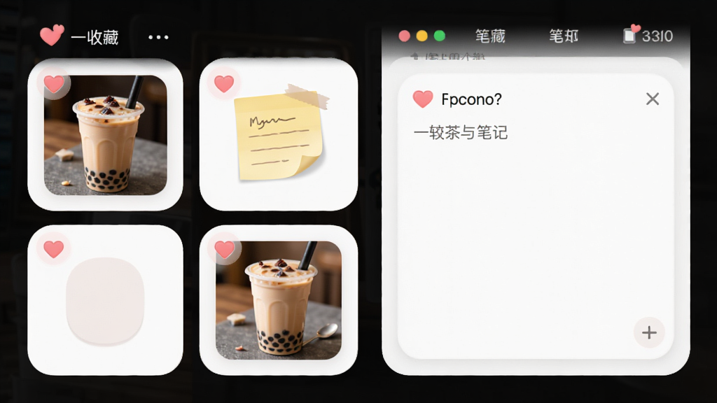 一学就会煮奶茶软件收藏与笔记界面,主体为收藏卡片与笔记输入框,布局为上下结构,排版舒适,风格为柔和圆角卡片风,细节包含爱心图标、便签纸、奶茶小图,画质高清、干净、无多余元素