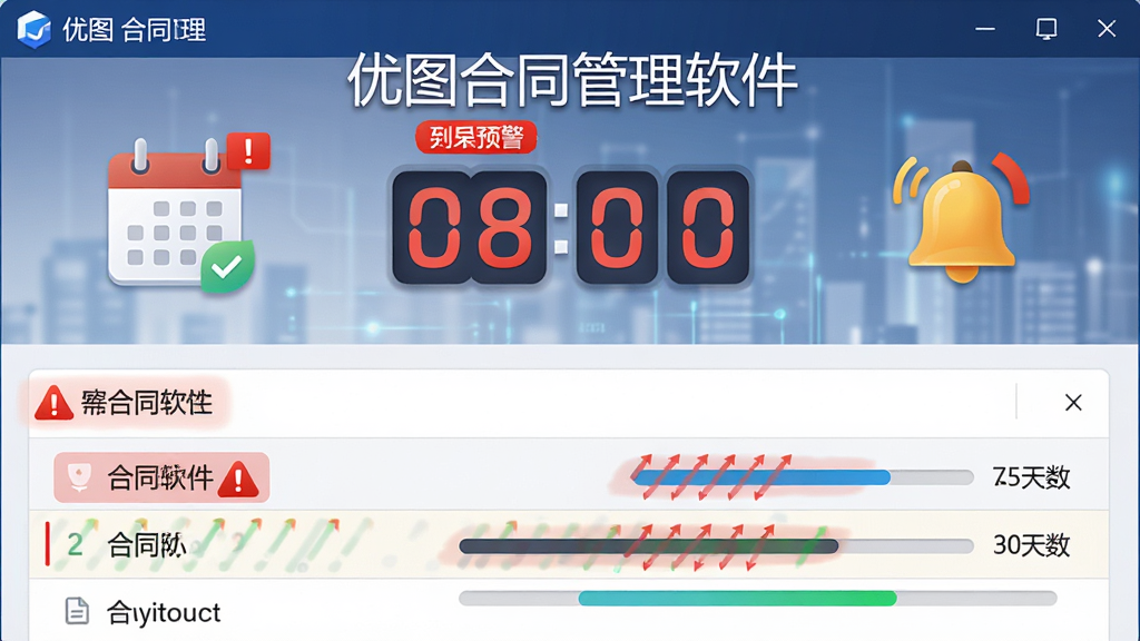 优图合同管理软件到期预警功能界面,主体为软件名称“优图合同管理软件”居中显示,画面包含日历图标、倒计时数字、提醒铃铛、合同列表高亮标记,布局为上下结构,风格商务科技感,细节有红色预警标签、剩余天数进度条,画质高清,干净,无多余元素