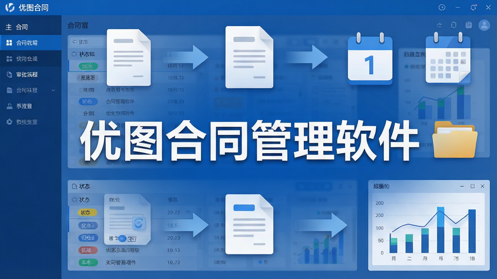 一张展示优图合同管理软件主界面的宽幅截图,画面中央是软件名称“优图合同管理软件”的醒目标题,周围环绕合同文档图标、审批流程箭头、日历提醒标记、数据统计图表等元素,整体采用简洁商务蓝色调,布局清晰,风格现代专业,细节包含合同列表窗口、状态标签、归档文件夹,画质高清,干净,无多余元素