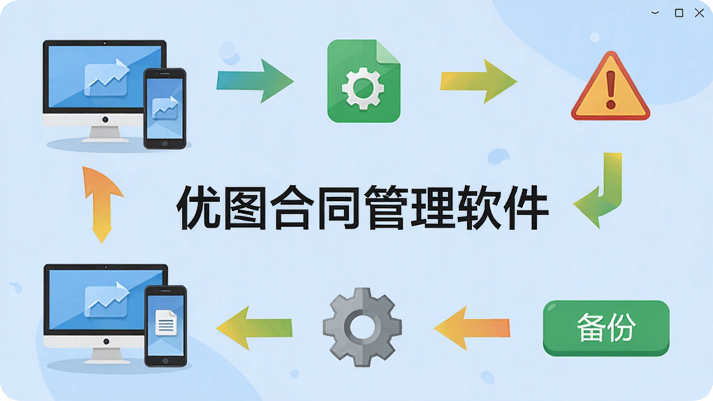 优图合同管理软件新手操作引导界面,主体为软件名称“优图合同管理软件”位于画面中央,周围环绕步骤指示箭头、安装图标、权限设置齿轮、备份按钮,布局为流程图样式,风格扁平化插画,细节有电脑与手机双端图标、警告提示符号,画质高清,干净,无多余元素