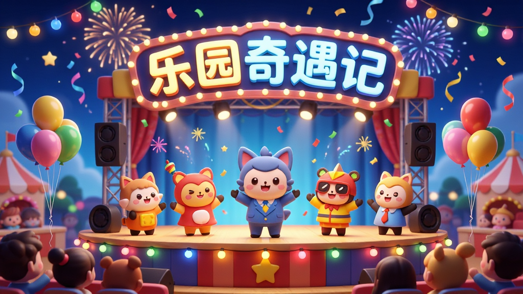 一个卡通乐园的庆典场景,画面中有多个可爱的游戏角色在舞台上表演,背景有烟花和彩带,舞台上方用发光字体写着“乐园奇遇记”,主体是角色庆典,布局为舞台中心构图,风格为欢快节日风,细节包括气球、礼花、彩灯、观众席,画质为高清、明亮、干净、无多余元素