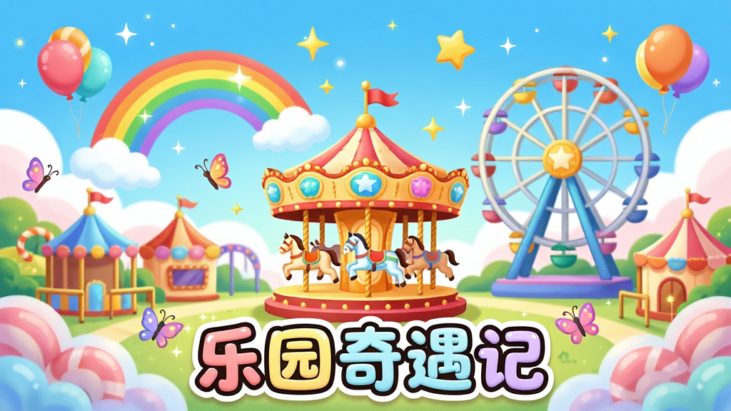 一个色彩缤纷的卡通游乐园全景,画面中央有旋转木马和摩天轮,天空中飘着彩虹和气球,画面正下方用圆润可爱的字体写着“乐园奇遇记”,主体是游乐园,布局为横向全景构图,风格为清新治愈的卡通插画,细节包括闪烁的星星、飞舞的蝴蝶、糖果色的云朵,画质为高清细腻、干净明亮、无多余杂乱元素