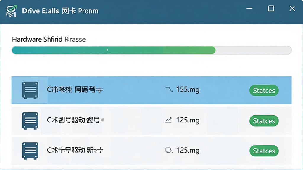 一张展示驱动人生 网卡版智能识别硬件功能的图片,主体是软件界面中硬件扫描进度条与识别结果列表,布局为上下结构,排版突出网卡型号和驱动版本信息,风格为扁平化科技风格,细节包括硬件图标、匹配状态标签,画质高清,干净,无多余元素