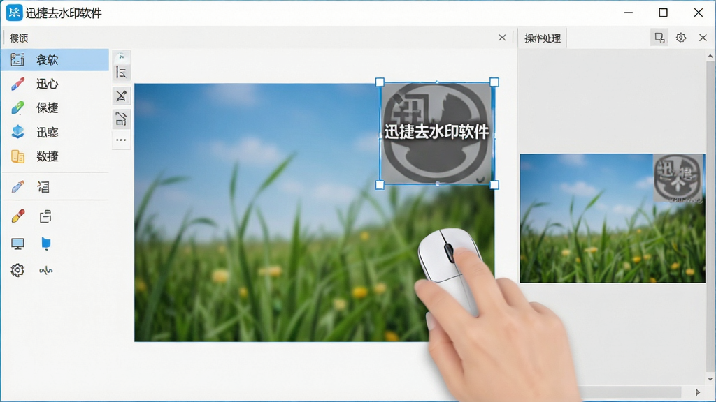 一张展示迅捷去水印软件操作界面的图片,画面中用户正在用鼠标框选图片右上角的水印区域,软件界面左侧显示工具栏,右侧为处理预览区,整体风格简洁明亮,画面中软件名称“迅捷去水印软件”清晰可见,布局合理,细节丰富,画质干净,无多余元素