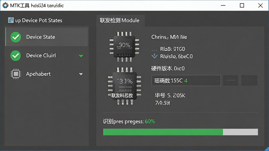 MTK工具自动识别联发科芯片型号的界面截图,主体为软件窗口中的芯片检测模块,布局为左侧显示设备连接状态,右侧展示芯片型号、硬件版本等参数,排版简洁直观,风格为专业工具软件界面,细节包括绿色对勾标识、芯片图标、识别进度百分比,画质清晰,画面干净,无多余元素
