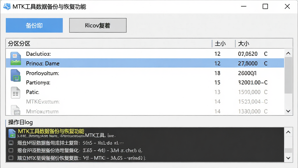 MTK工具数据备份与恢复功能界面,主体为软件中的数据管理窗口,布局为上方备份按钮与恢复按钮,中间为分区列表与大小显示,下方为操作日志,排版清晰,风格为数据管理工具风格,细节包括备份文件图标、分区名称、容量数值,画质高清,画面干净,无多余元素