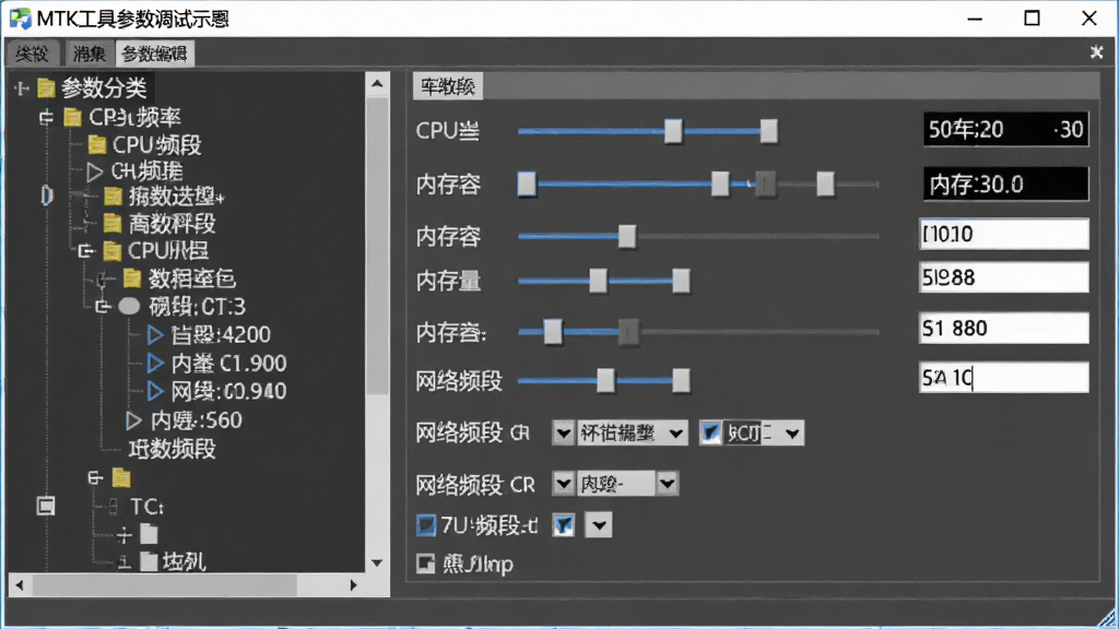 MTK工具参数调试界面示意图,主体为软件中的参数编辑面板,布局为左侧参数分类树形菜单,右侧为具体数值调节滑块与输入框,排版规整,风格为工程调试软件风格,细节包括CPU频率数值、内存容量显示、网络频段选项,画质清晰,画面干净,无多余元素