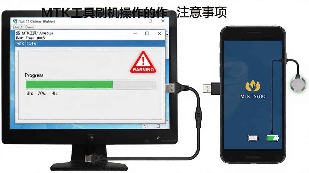 一张展示MTK工具刷机操作注意事项的示意图,主体为电脑屏幕上的MTK软件界面与手机连接场景,布局为左侧软件窗口显示进度条,右侧手机屏幕显示开机画面,排版左右对比,风格为教程示意图风格,细节包括红色警告标识、数据线连接、电量图标,画质高清,画面干净,无多余元素