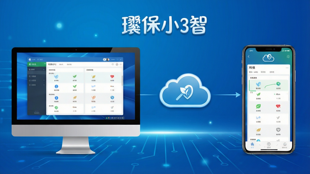 一张展示环保小智多端同步功能的示意图,画面中央是软件名称“环保小智”,左侧为电脑屏幕显示软件界面,右侧为手机屏幕显示同步数据,中间用云朵图标连接,背景为渐变的蓝色科技风格,画质高清,干净无多余元素