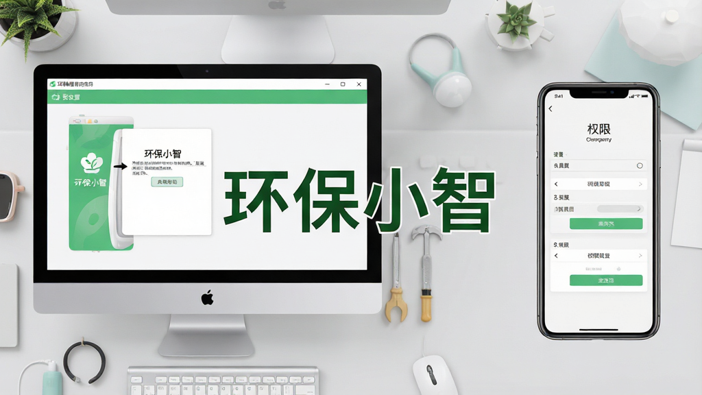 一张展示环保小智软件安装和设置界面的示意图,画面中央是软件名称“环保小智”,左侧为电脑端安装向导界面,右侧为手机端权限设置界面,背景为浅灰色工作台,风格简约清新,画质高清,干净无多余元素