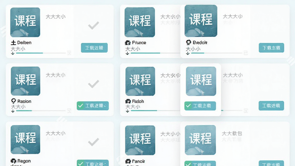 英语口语学习王离线课程包管理界面,主体为课程卡片列表,布局每张卡片显示课程封面、名称、大小和下载按钮,排版为网格状,风格为清新浅色,细节包含下载进度条、已下载对勾图标,画质高清,干净,无多余元素
