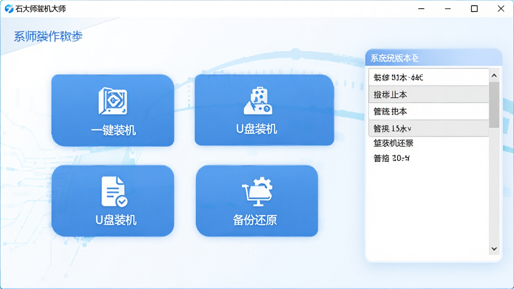 一张展示石大师装机大师软件主界面的图片,主体为软件操作窗口,布局采用居中构图,排版清晰展示一键装机、U盘装机、备份还原等功能按钮,风格为现代科技感UI设计,细节包括蓝色主色调、简洁图标、系统版本选择列表,画质高清,画面干净,无多余元素。