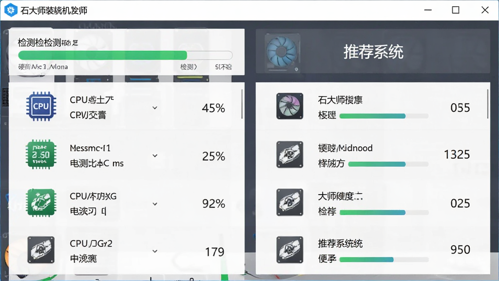 一张展示石大师装机大师智能检测界面的图片,主体为软件检测进度条与硬件信息列表,布局采用上下结构,排版左侧显示硬件参数右侧显示推荐系统,风格为扁平化科技风格,细节包括CPU、内存、硬盘图标及检测百分比,画质清晰,画面干净,无多余元素。