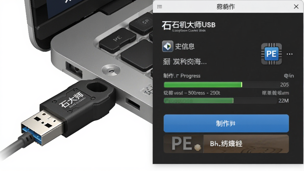 一张展示石大师装机大师U盘制作界面的图片,主体为U盘插入电脑的示意图与制作进度窗口,布局采用左右分栏,排版左侧为U盘信息右侧为制作按钮,风格为写实科技风,细节包括USB接口、进度条、PE系统图标,画质高清,画面干净,无多余元素。