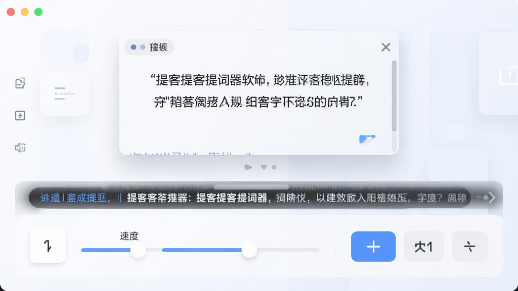 提客提客提词器软件主界面展示,居中布局,上方为悬浮提词窗口,下方为控制面板,界面简洁清爽,浅色背景,风格现代科技感,细节包含滚动字幕、速度调节滑块、字体大小按钮,画质高清,干净,无多余元素