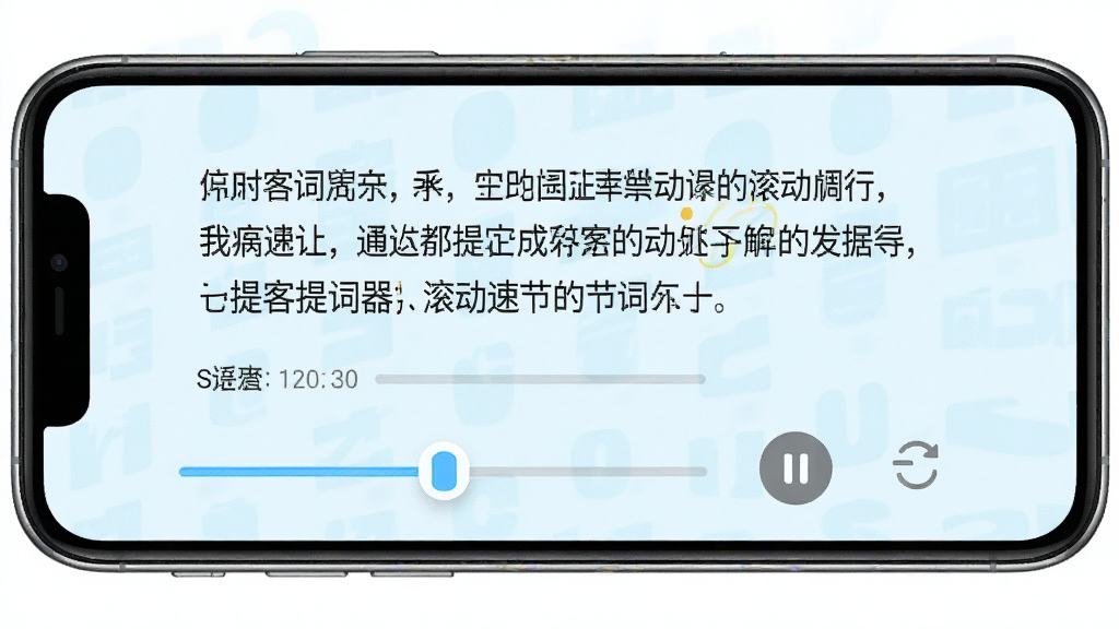提客提词器滚动速度调节界面,手机屏幕展示提词文字和速度控制条,布局清晰,风格清新浅色,细节包含速度滑块、暂停按钮、重置图标,画质高清,干净,无多余元素