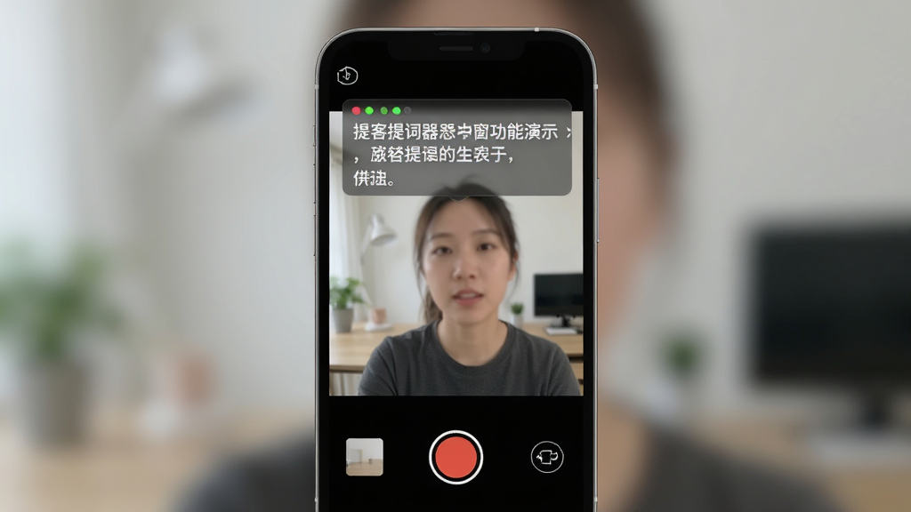 提客提词器悬浮窗功能演示,手机屏幕中央显示相机拍摄画面,屏幕上方悬浮半透明提词窗口,文字清晰滚动,界面布局合理,风格简约现代,细节包含录制按钮和提词文字,画质高清,干净,无多余元素