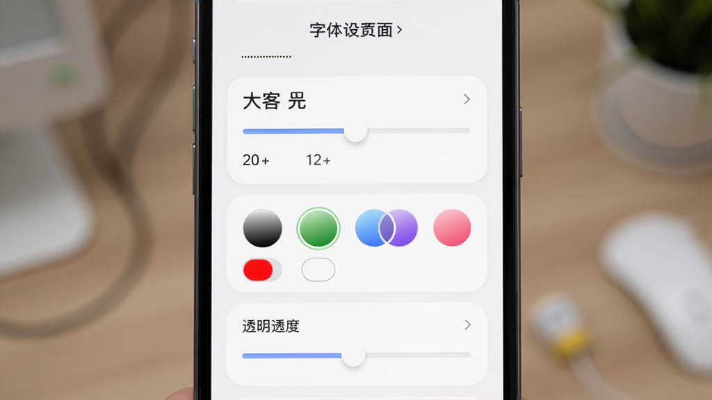 提客提词器字体设置页面,手机屏幕展示多种字体大小和颜色选项,布局为上下排列的设置项,风格柔和圆角,细节包含字号滑块、颜色选择器、背景透明度调节,画质高清,干净,无多余元素