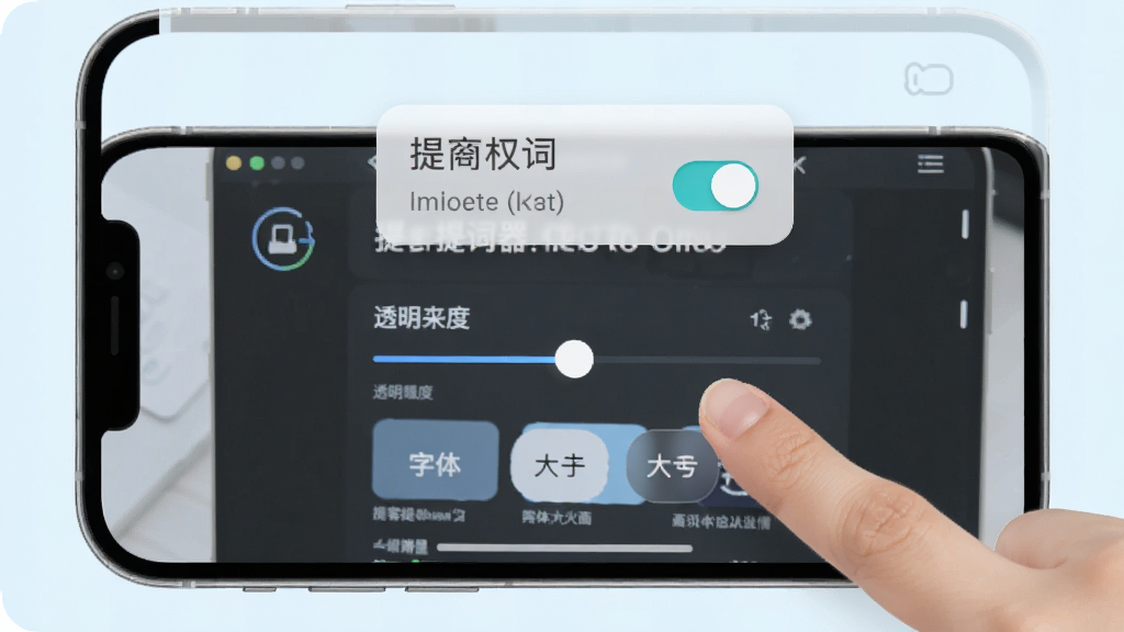 提客提词器使用技巧示意图,手机屏幕展示提词器设置面板,旁边有手指点击操作,布局简洁,风格清新浅色,细节包含悬浮窗权限开关、透明度滑块、字体大小按钮,画质高清,干净,无多余元素