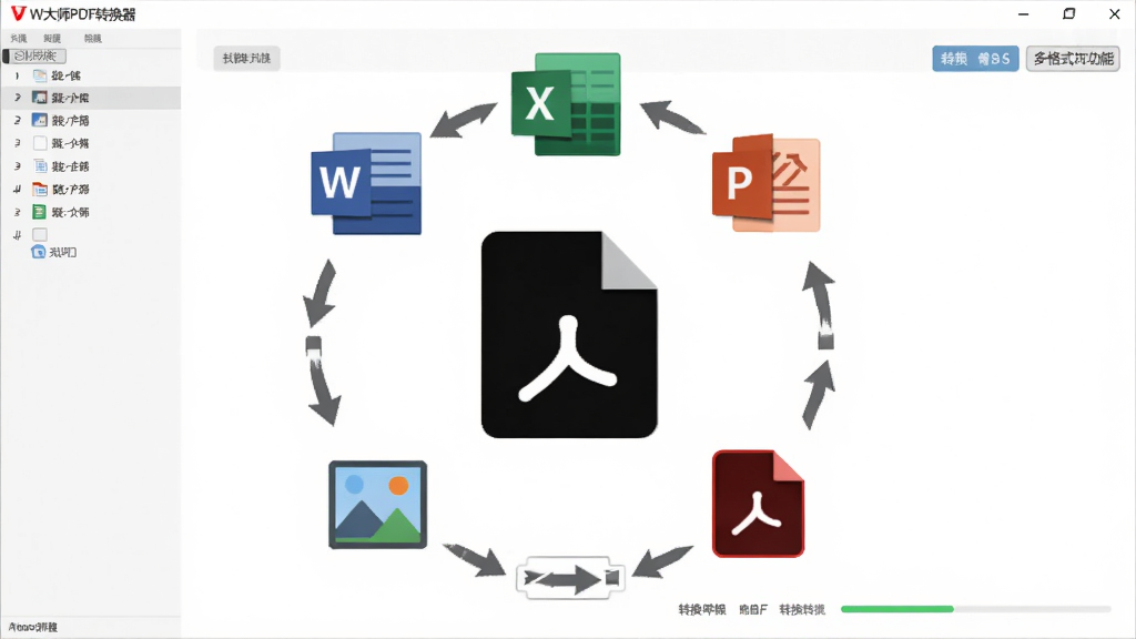 W大师PDF转换器多格式转换功能展示图,主体为软件界面中央排列Word、Excel、PPT、图片与PDF图标,布局为环形排列突出中心PDF标志,排版对称美观,风格为扁平化商务风,细节包含双向箭头、格式标签、转换进度条,画质清晰干净无多余元素